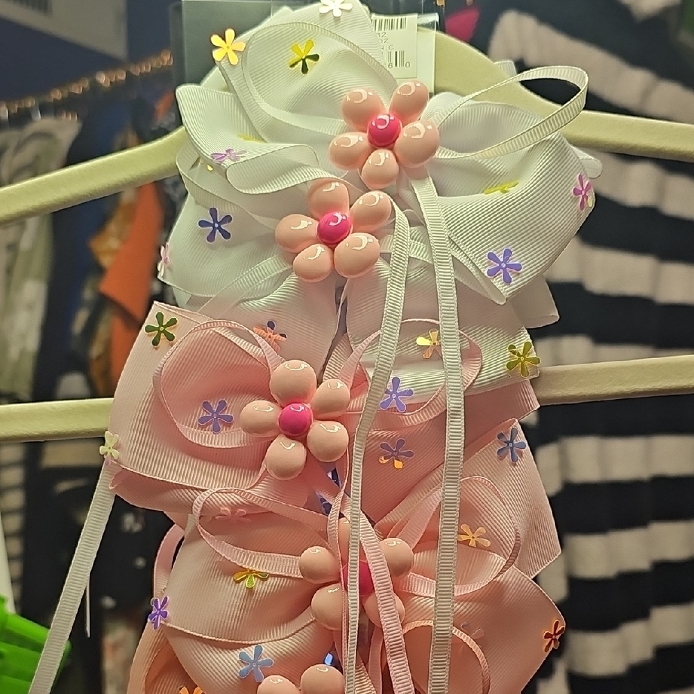 Floral Hair Bows - Pink and White